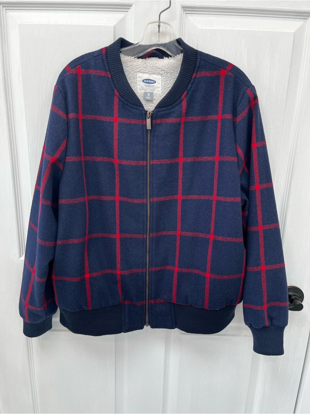 Old Navy Navy Red Plaid Recycled Wool Blend Sherpa Lined Zip Bomber Jacket XL